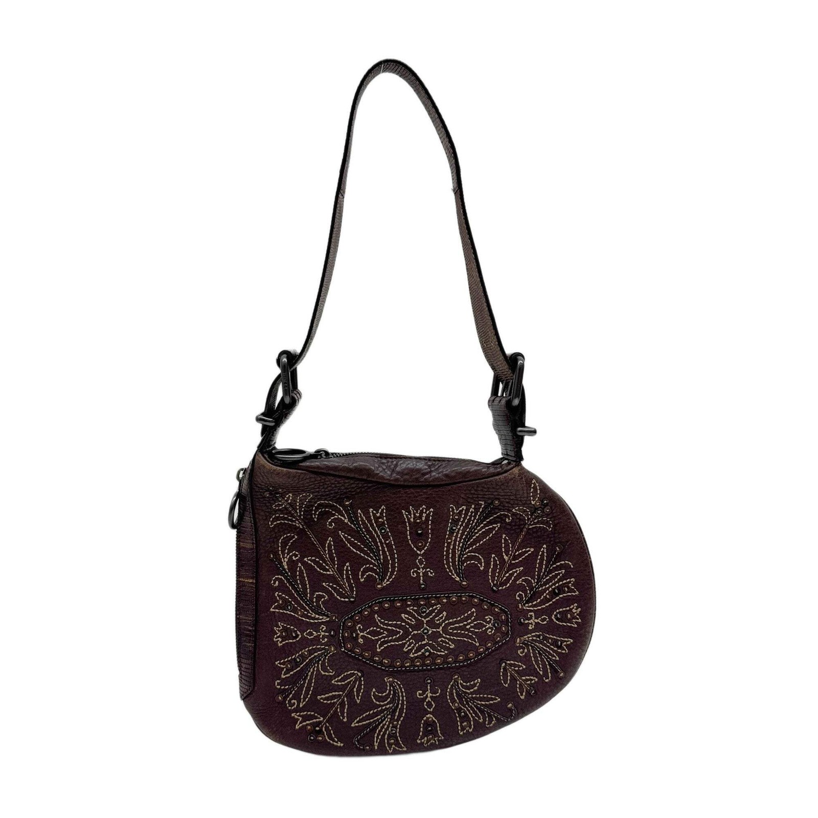 FENDI Selleria Oyster Lizard Embossed Leather Trim Embroidered Brown Leather Sho