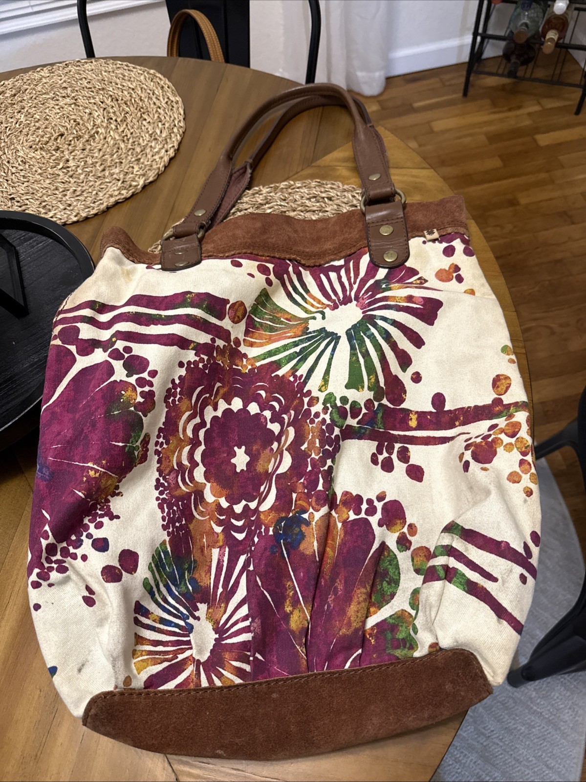 Lucky Brand Bucket Shoulder Bag Crossbody Canvas Suede Floral Boho XL Y2K