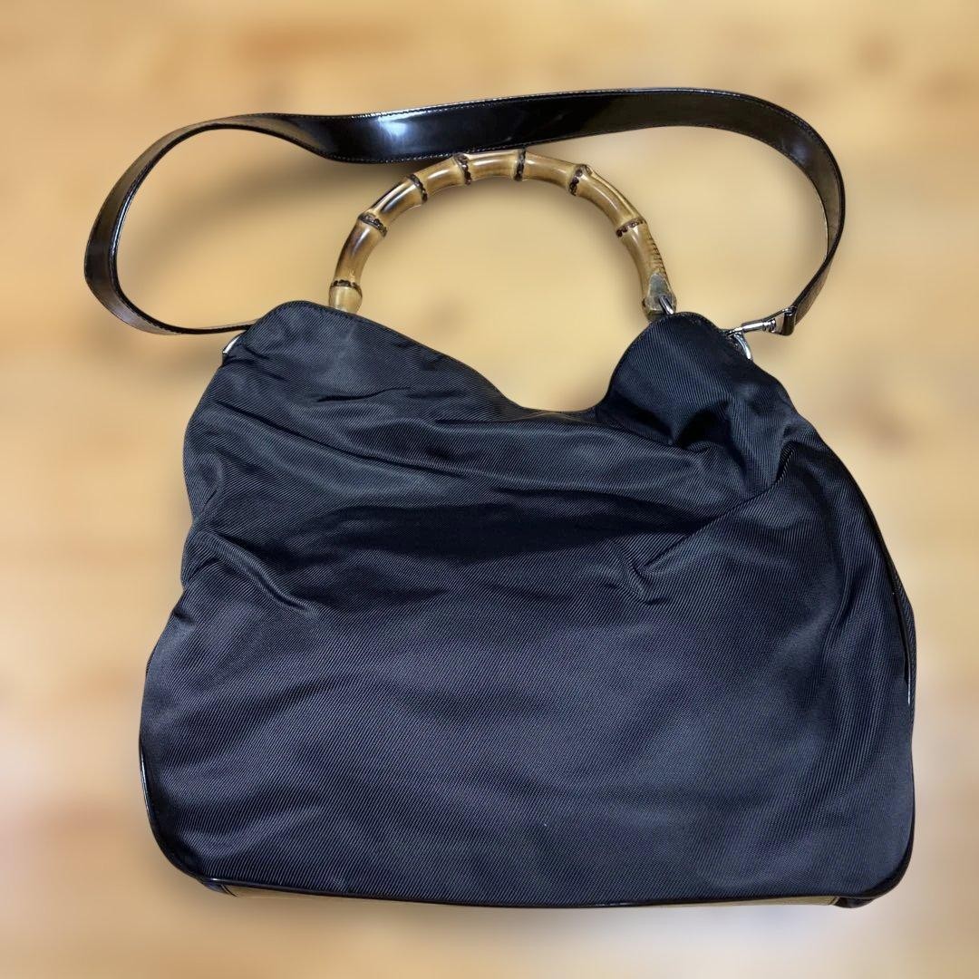 GUCCI Bamboo Nylon 2Way Shoulder Bag Brown Women Auth 13.38 x 14.56 x 4.33inch
