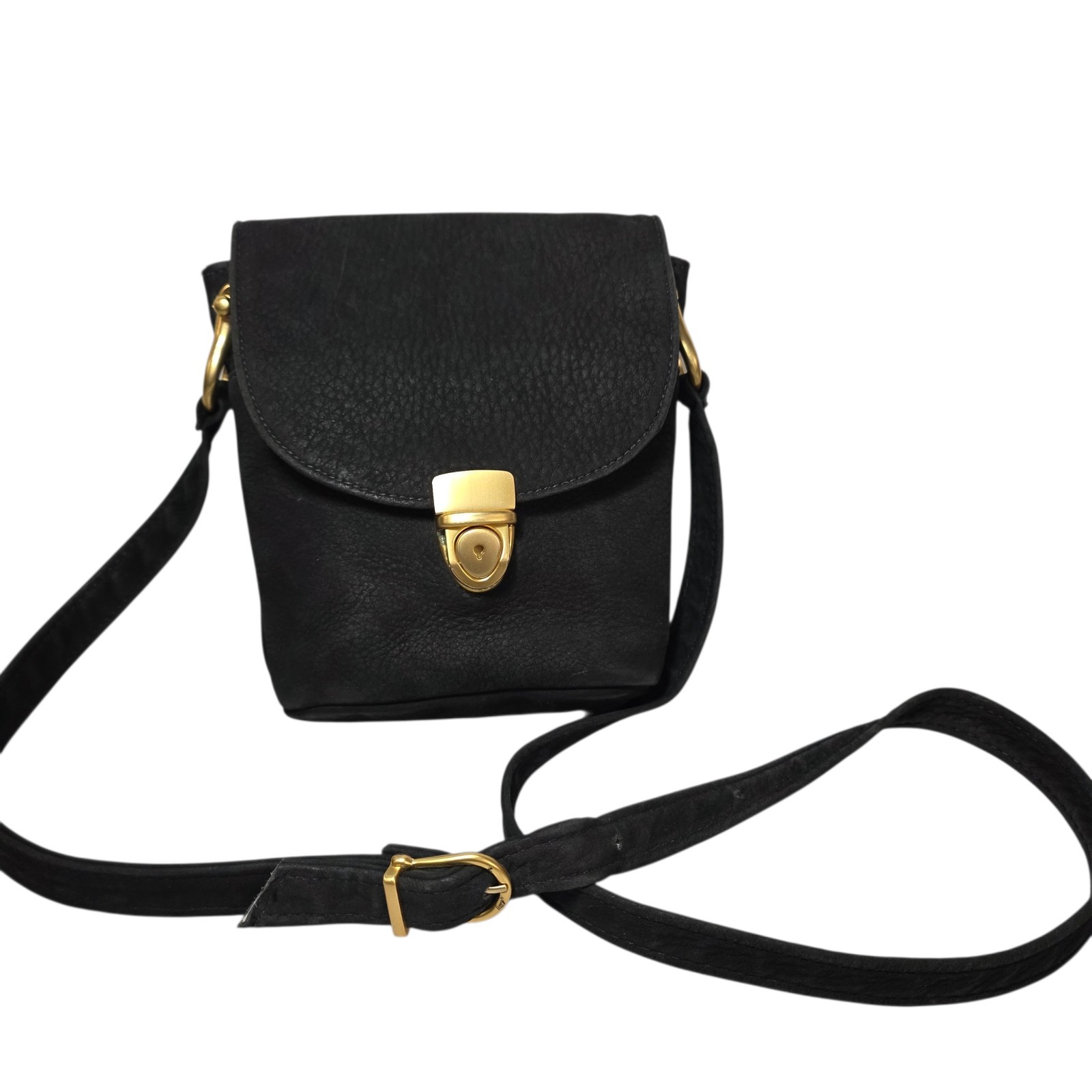 VTG Matte Black Leather Crossbody Bag Gold Hardware USA Mini Shoulder Purse