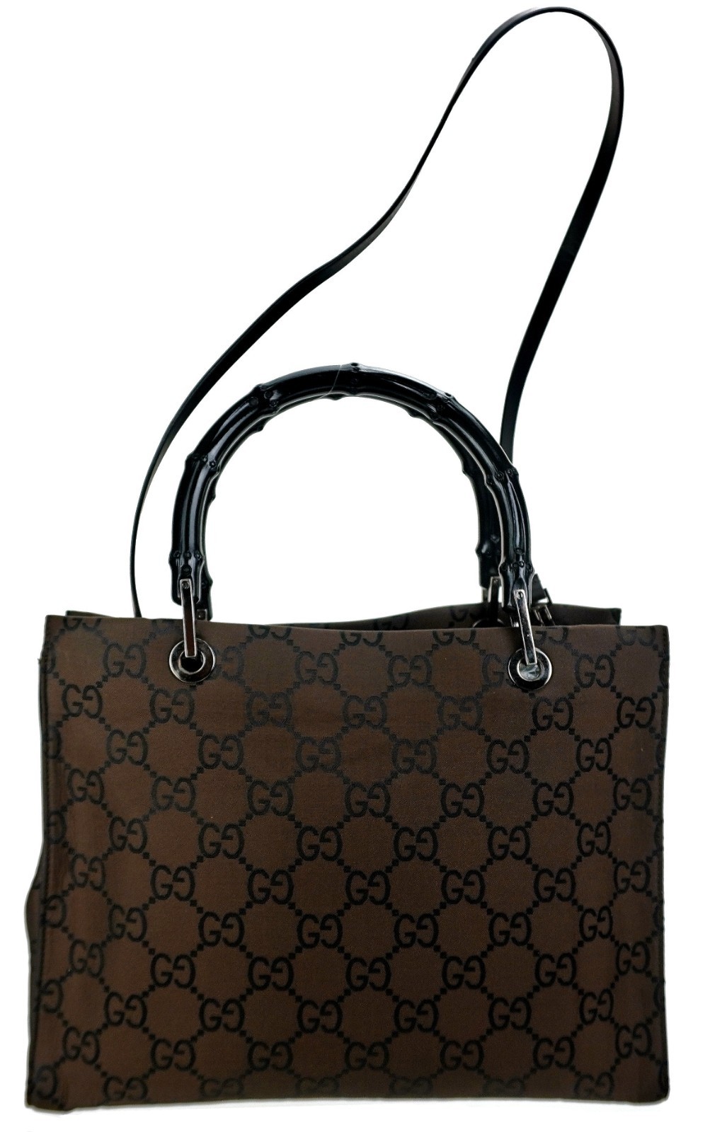 Authentic GUCCI GG Monogram Brown Black Bamboo Shopper Tote Shoulder Bag Italy
