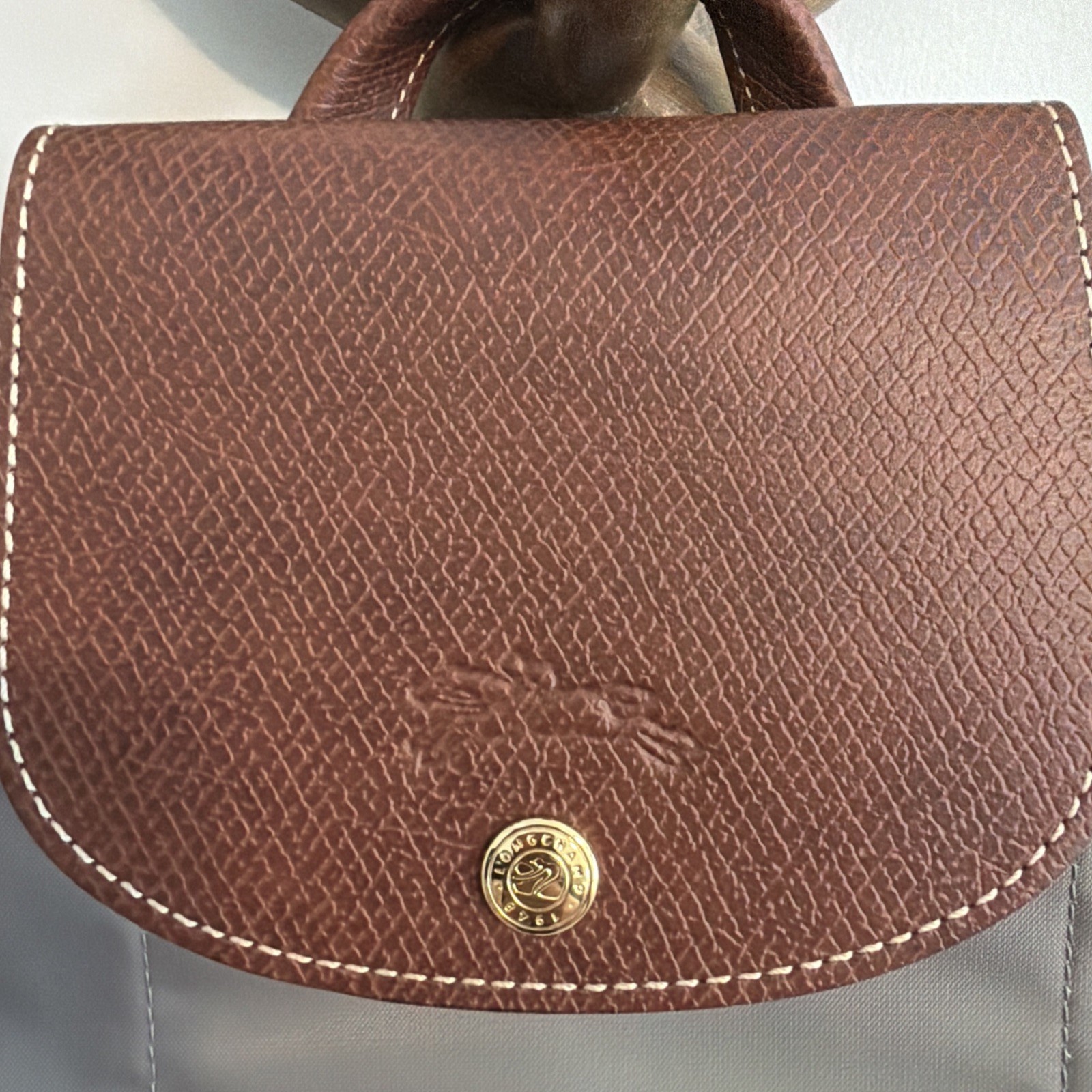 Longchamp Gray Backpack Brown Trim Gold Hardware Medium Zip Snap Women
