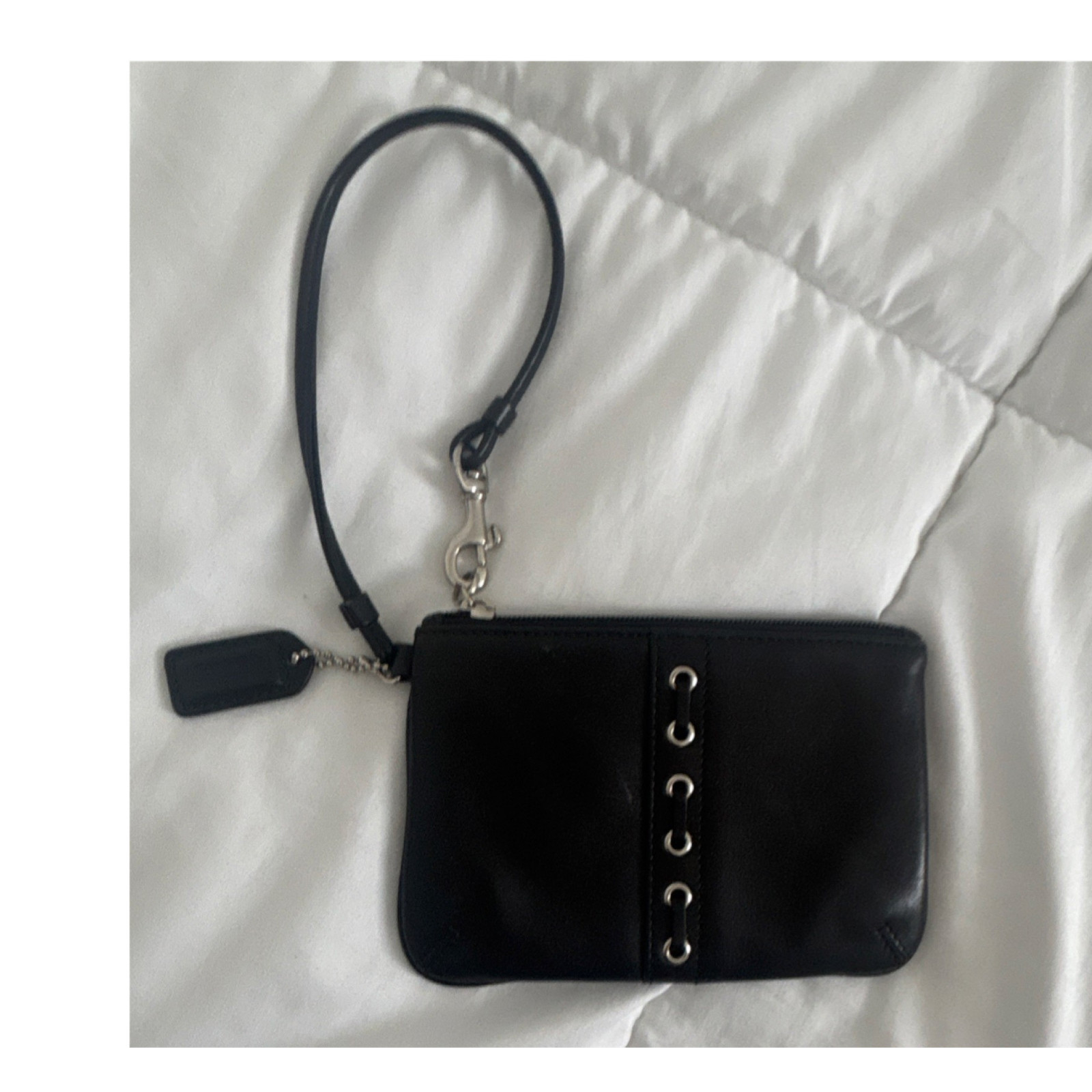 Coach Black Wristlet, Grommet & Zipper Accents, Silver Hardware, Zip, Women’s
