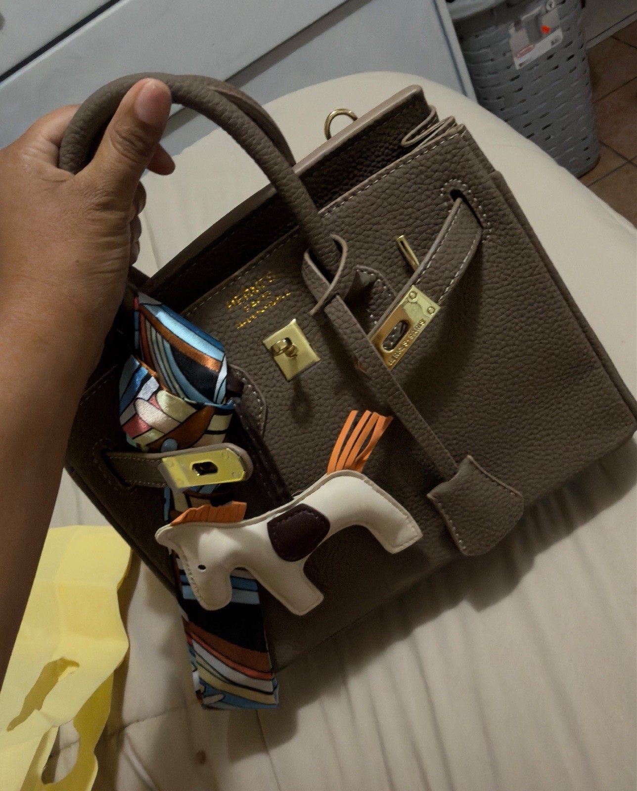 Hermes Brown Small Top Handle Satchel, Gold Turn Lock, Horse Charm, Pockets