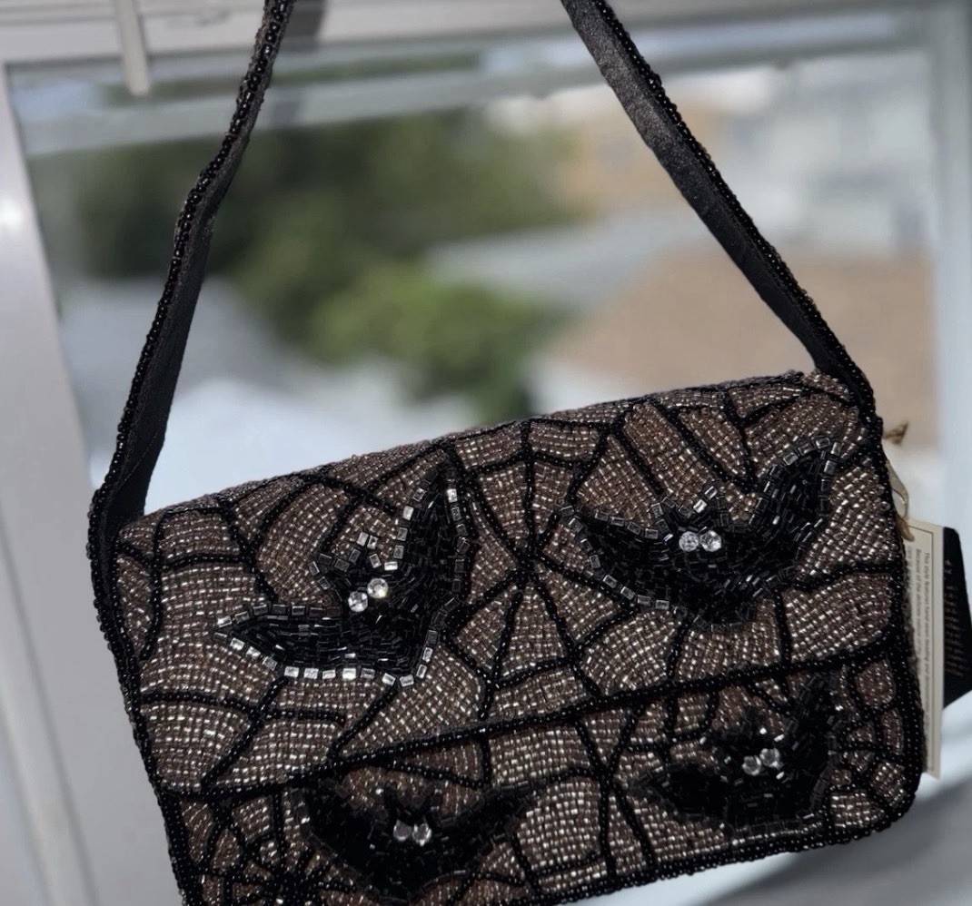 VIRAL!!!!! Black Beaded Spiderweb Halloween Shoulder Bag/Clutch Purse w/ Strap
