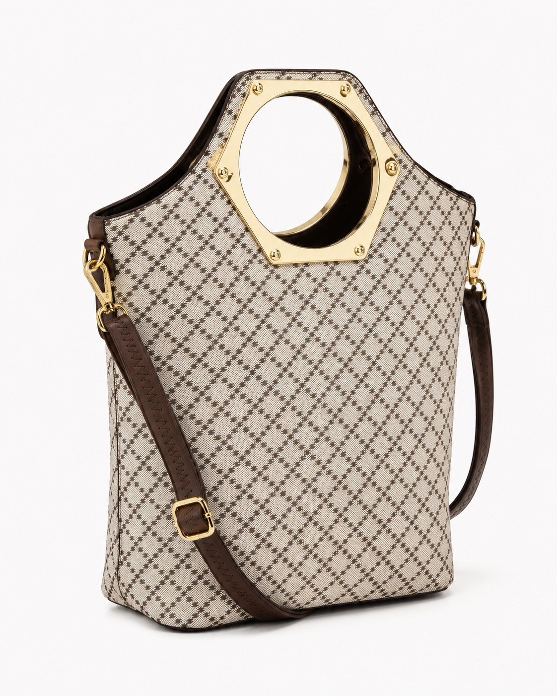 Geometric Print Handbag Cream Brown Gold Handles Convertible Shoulder Crossbody
