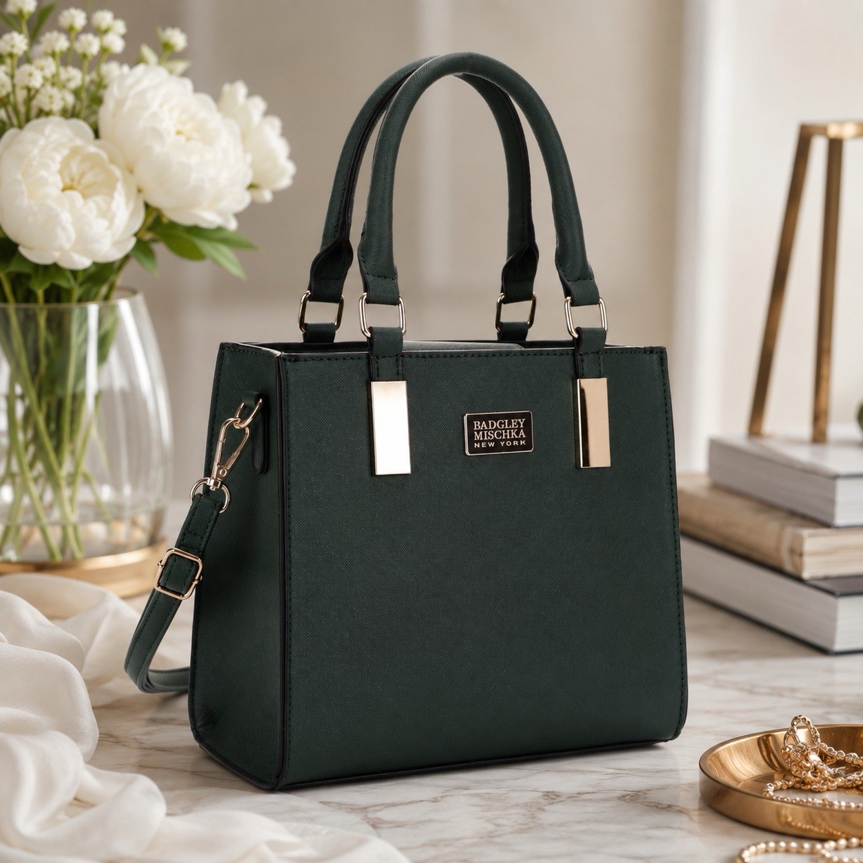 NEW Badgley Mischka New York Louise Saffiano Lady Black Satchel Crossbody Bag
