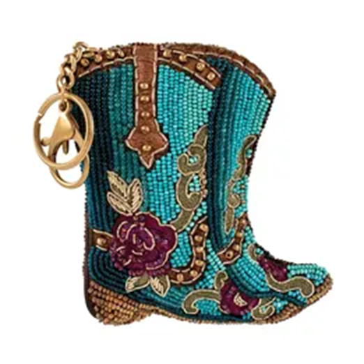 New Mary Frances Kickin’ Around Blue Beaded Cowboy Girl Boots Coin Purse Key Fob