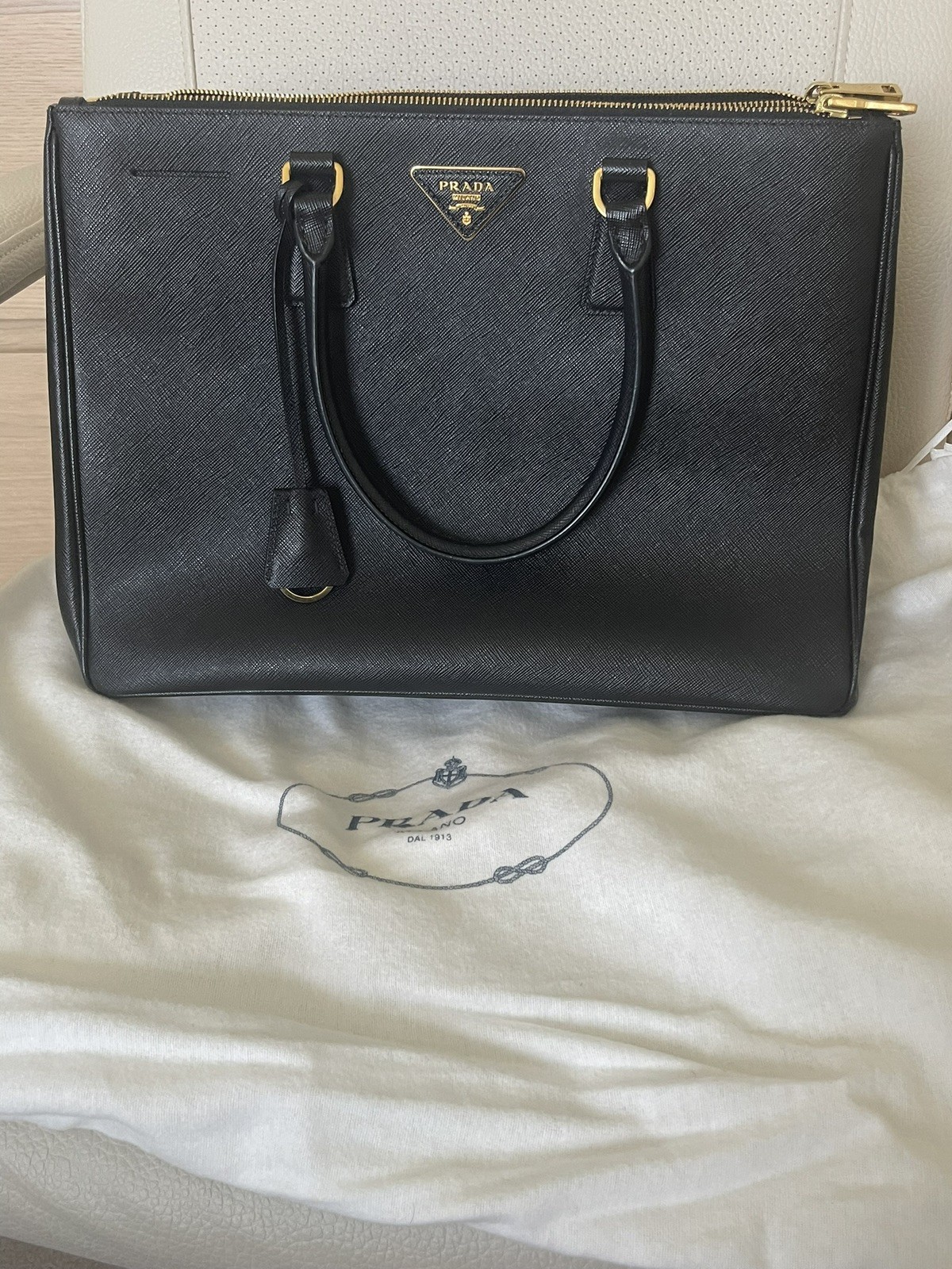 1BA786 Prada Galleria Double Zip Saffiano Lux Leather Mercurio Black w/ Gold