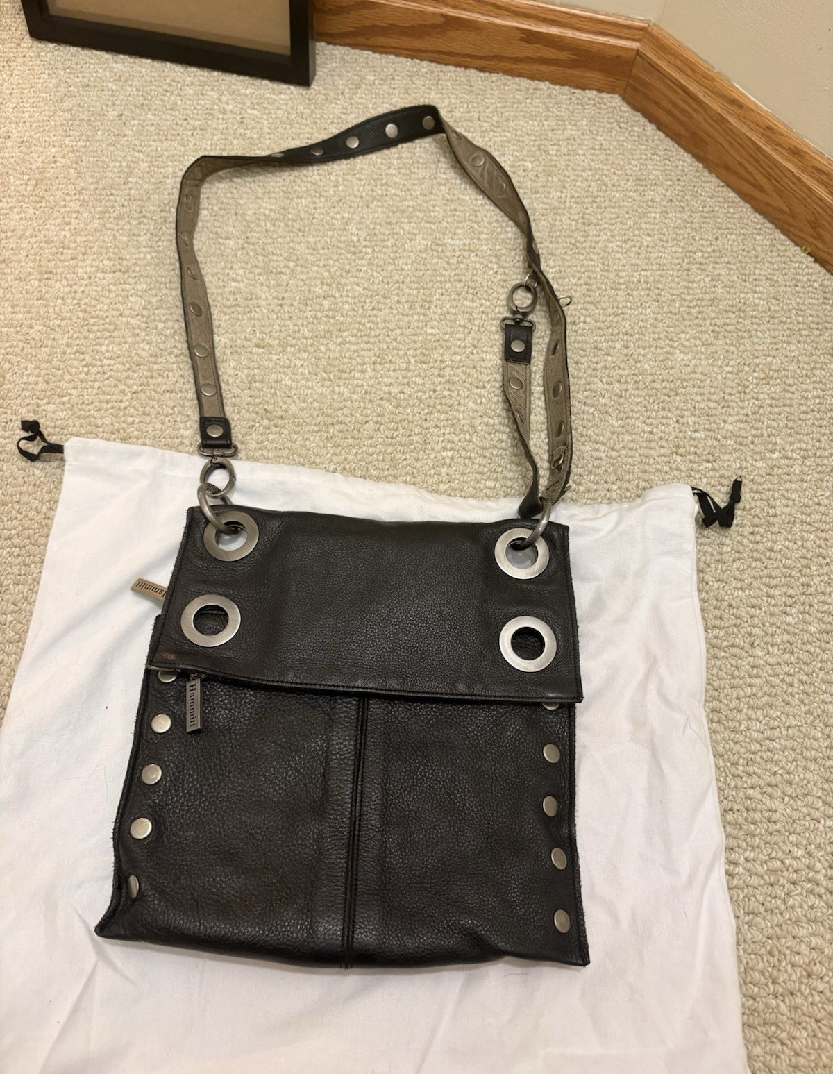 Hammitt Black Pebbled Shoulder Bag Zip Closure, Grommets Studs, Dust Bag