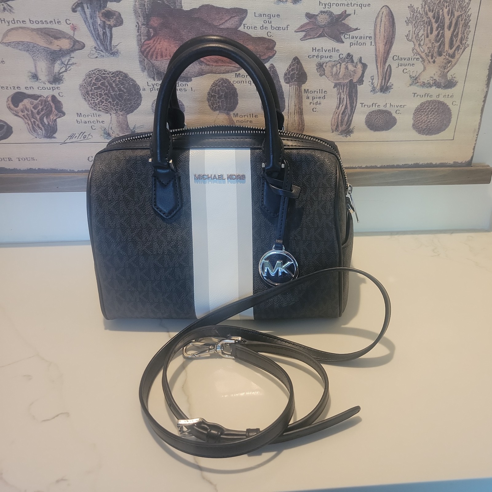 Michael Kors Bedford Small Duffle Satchel Crossbody Bag Bright White Stripe NWT