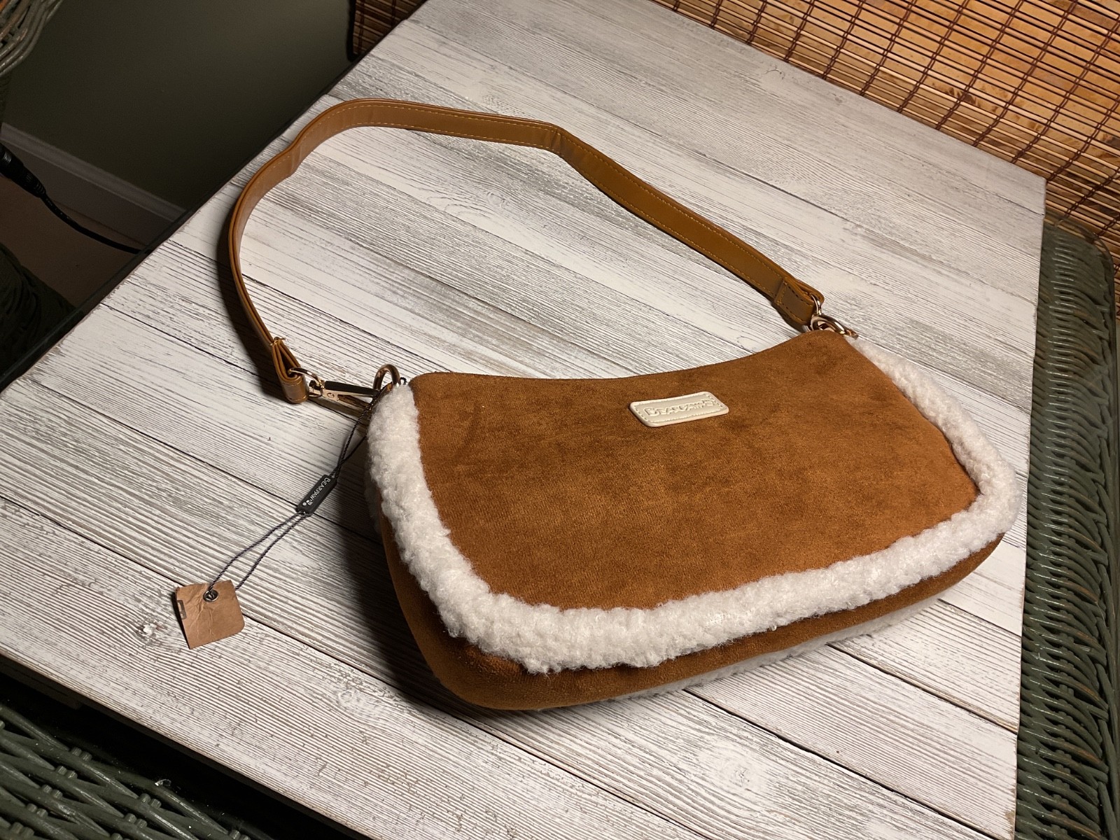 Bearpaw Shoulder Bag Purse Faux Suede Shearling Trim Brown