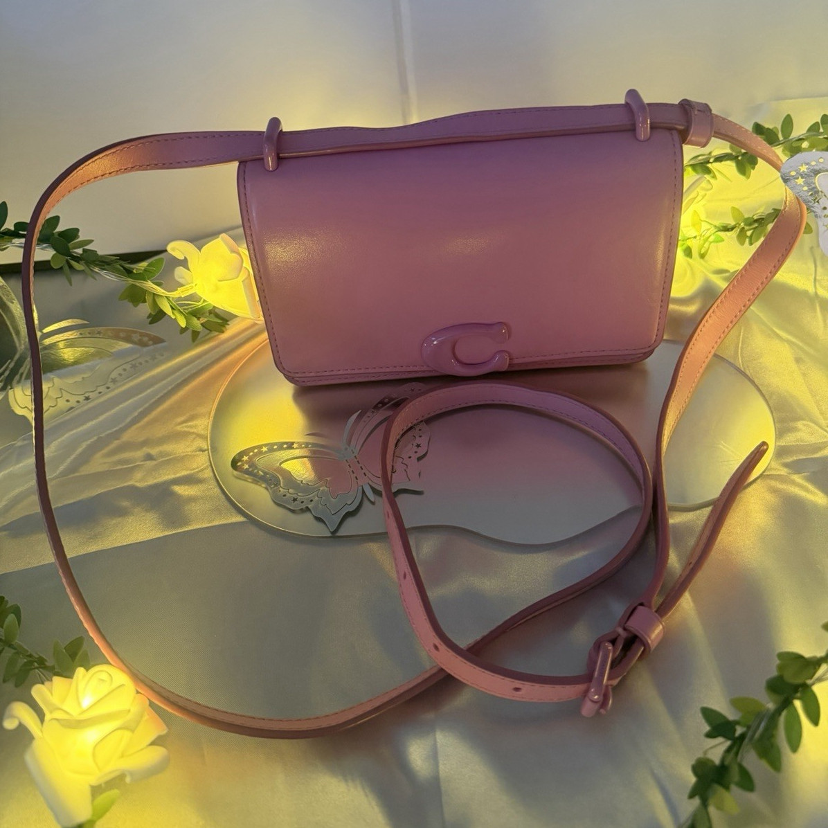 Coach Pink Pebbled Crossbody Bag Push Lock Logo Accent Silver Hardware
