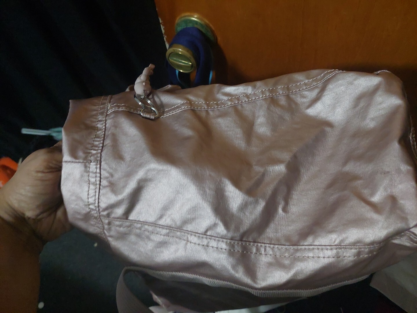 KIPLING Pink Rose Gold Metallic Shoulder Travel Tote + Monkey Charm