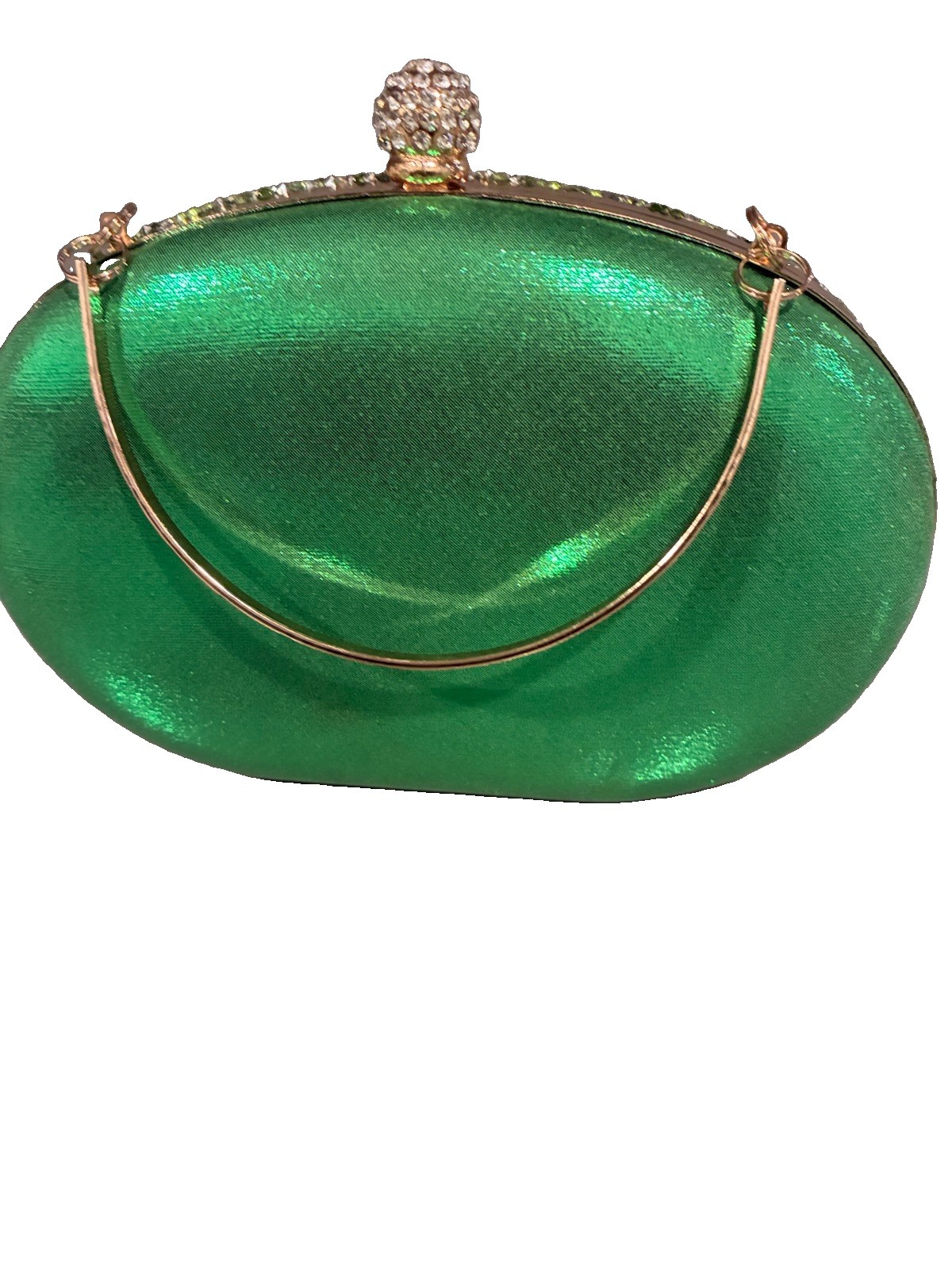 Green Rhinestone Crystal Evening Clutch Purse Gold Tone Frame Floral Design