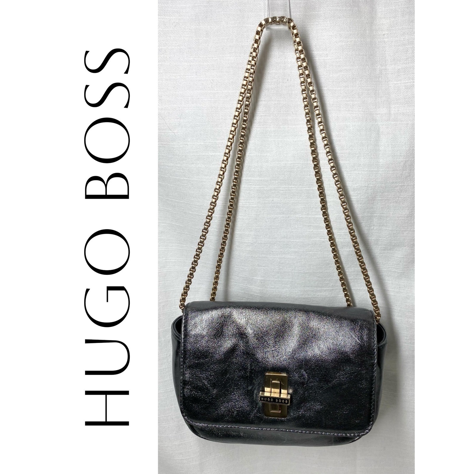 Hugo Boss Metallic Pewter Mini Shoulder Bag Crossbody Chain Strap Minimalist