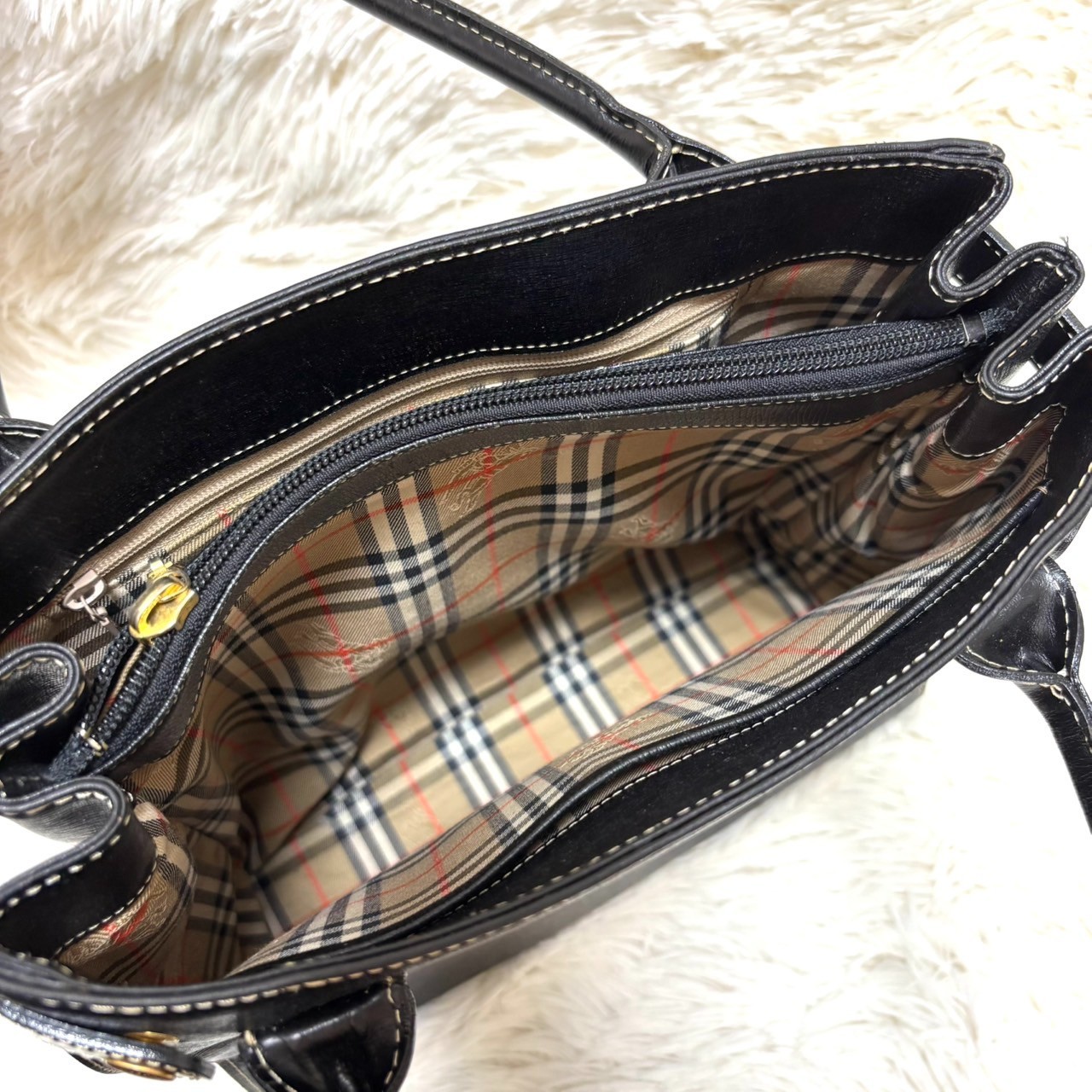 Burberry handbag tote bag nova check leather black logo hardware