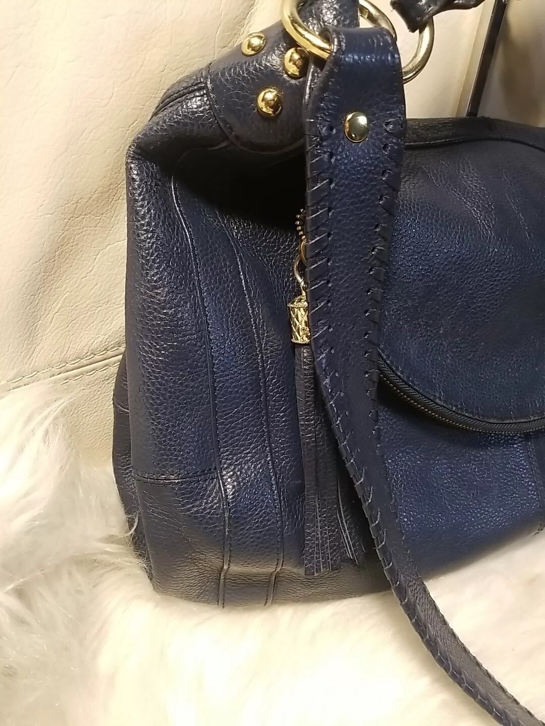 Onna Ehrlich Rachel Bag Blue Pebbled Leather Large 11×22! Crossbody Tassels!