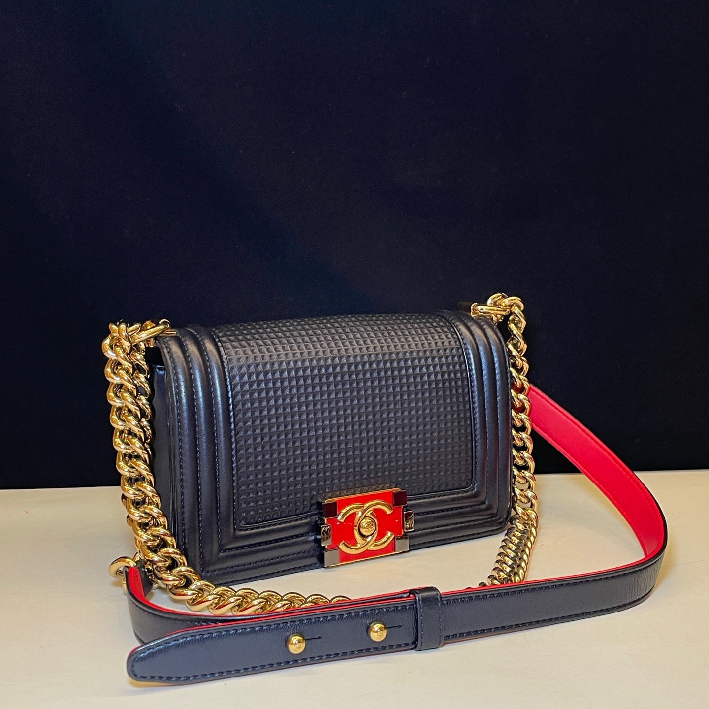Chanel Le Boy Small Midnight Navy Waffle Calfskin Shoulder Crossbody Bag Duty Pa