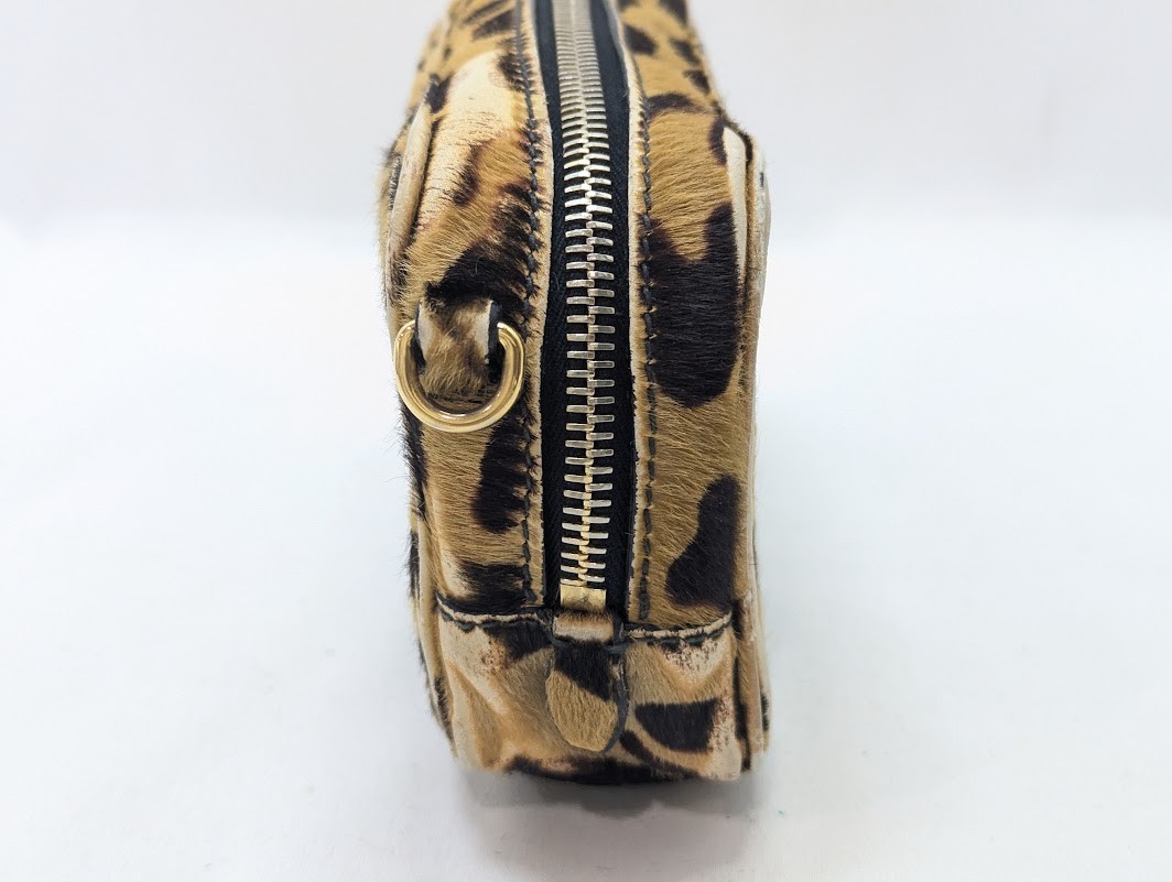 PRADA Harako Leopard Mini Shoulder Bag Leather Logo Beige Gold 7/G Authentic