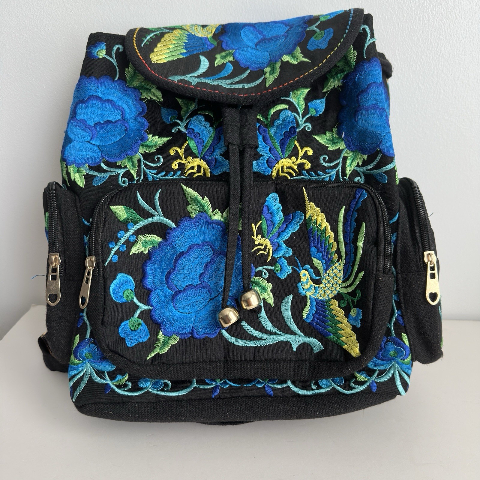 Blue Embroidered Floral Boho Back Pack Mexican Style Multiple Pockets 14 X 12