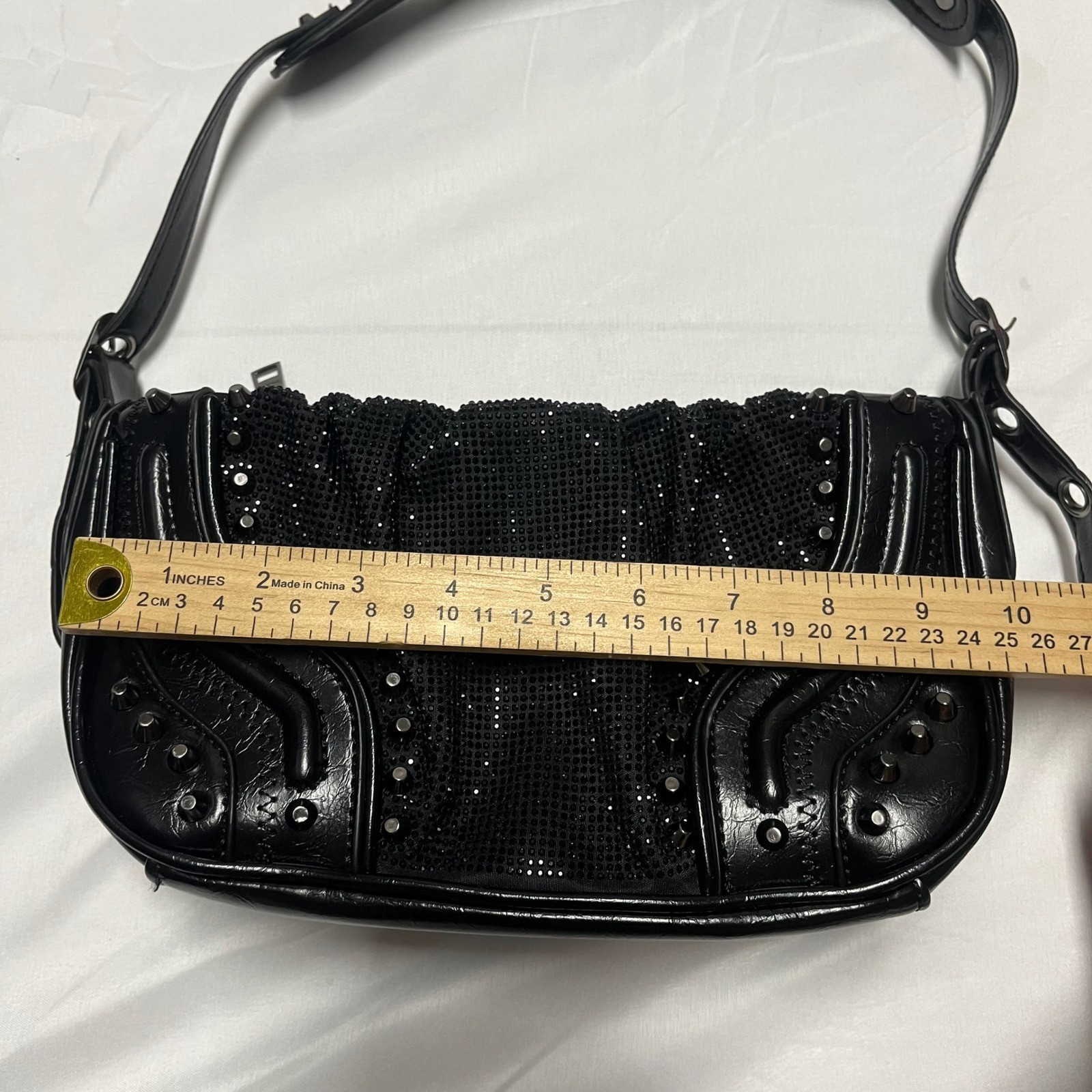 Fashion Nova Black Studded Rhinestone Moto Shoulder Bag