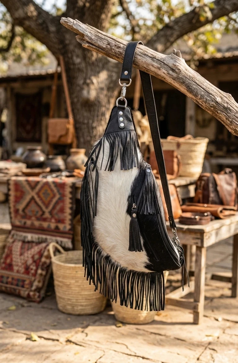 Western Leather Fringe Crossbody Bag Hair-on Cowhide Sling Travel Festival Bag