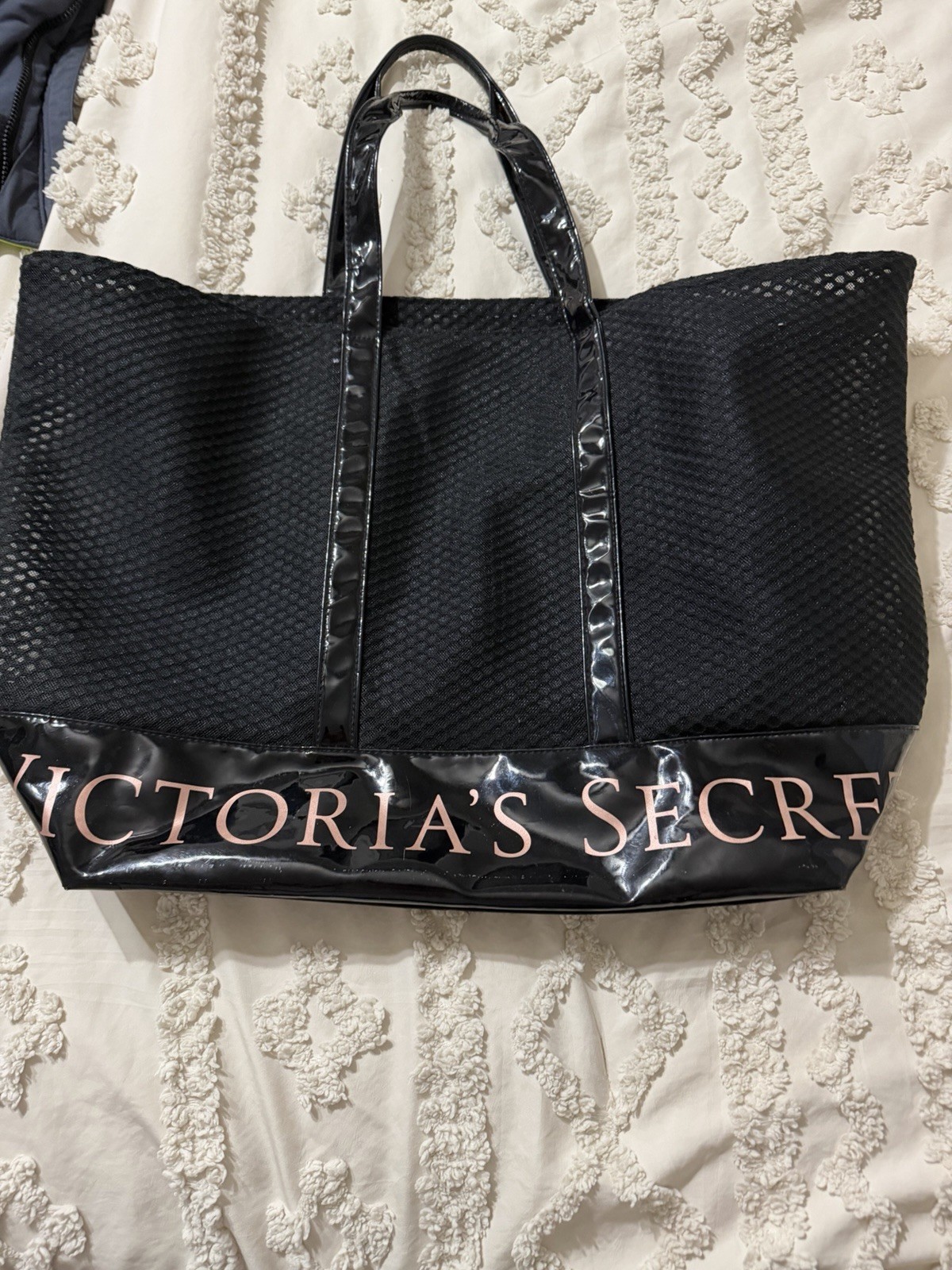 Victoria’s Secret Black Mesh Weekender Tote Patent Leather Logo Travel Bag