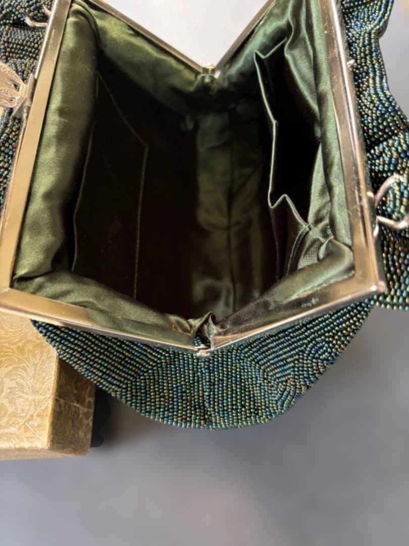 Japanese Beaded Bag Dark Green 9×6.7×6.5 Inches Un All Beads
