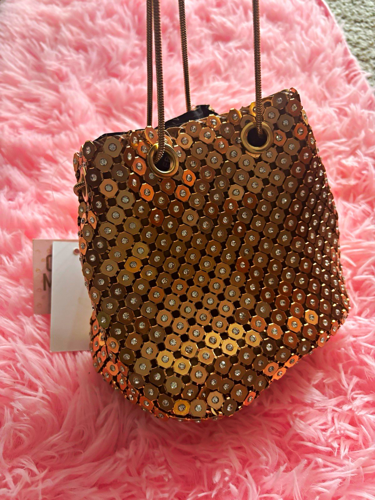 Gold Metallic Rhinestone Drawstring Bucket Shoulder Bag w/ Chain Strap, Small