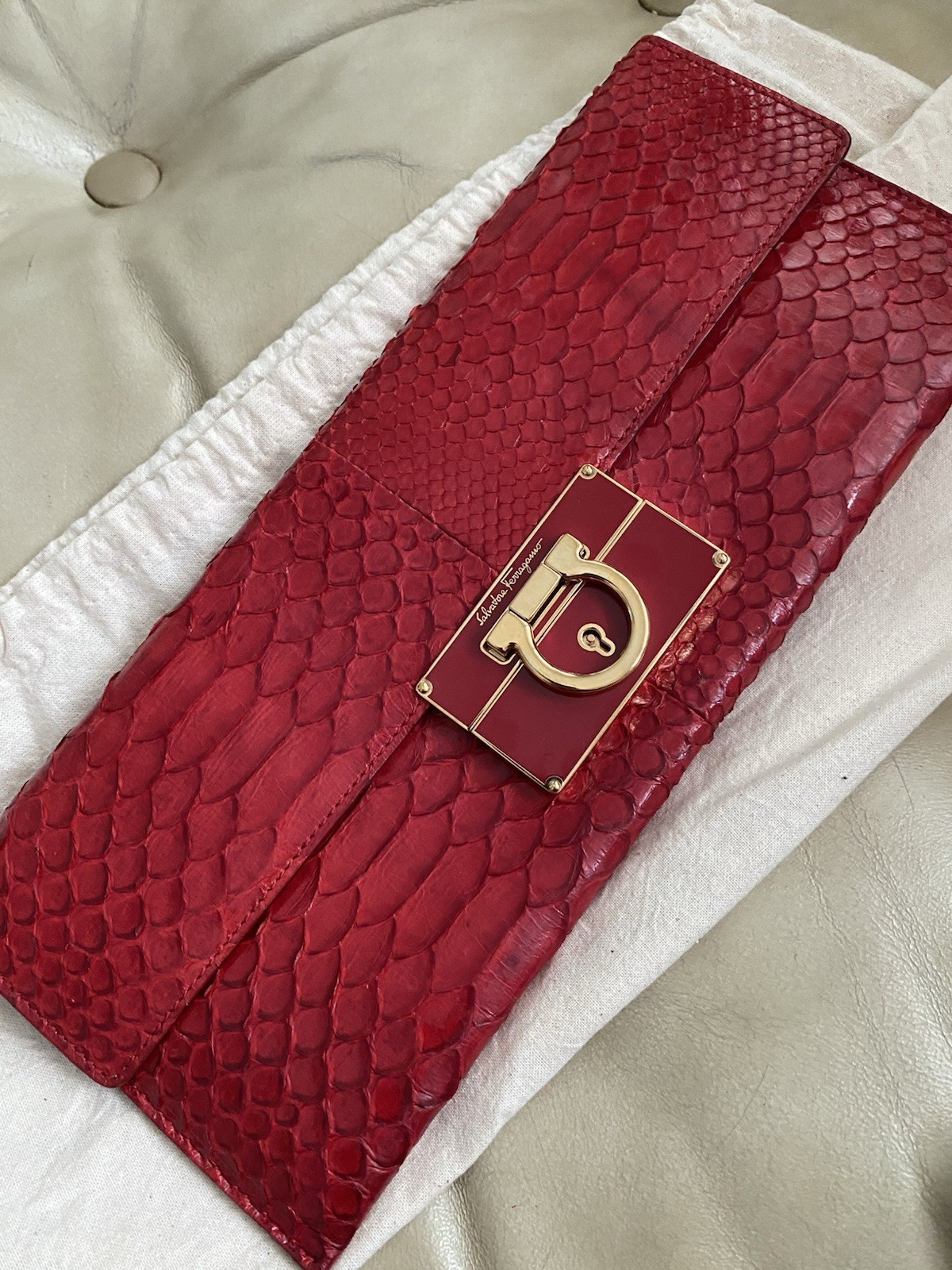 Rare Salvatore Ferragamo LARGE Python Clutch Evening Bag Leather Red Lock Key
