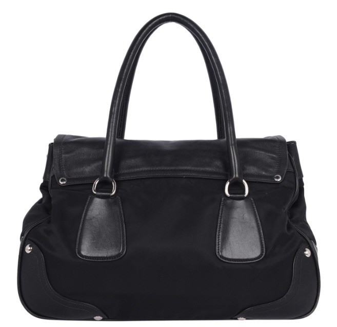 Prada Tessuto Nylon Vitello Foldover Pushlock satchel Black nero Shoulder Tags