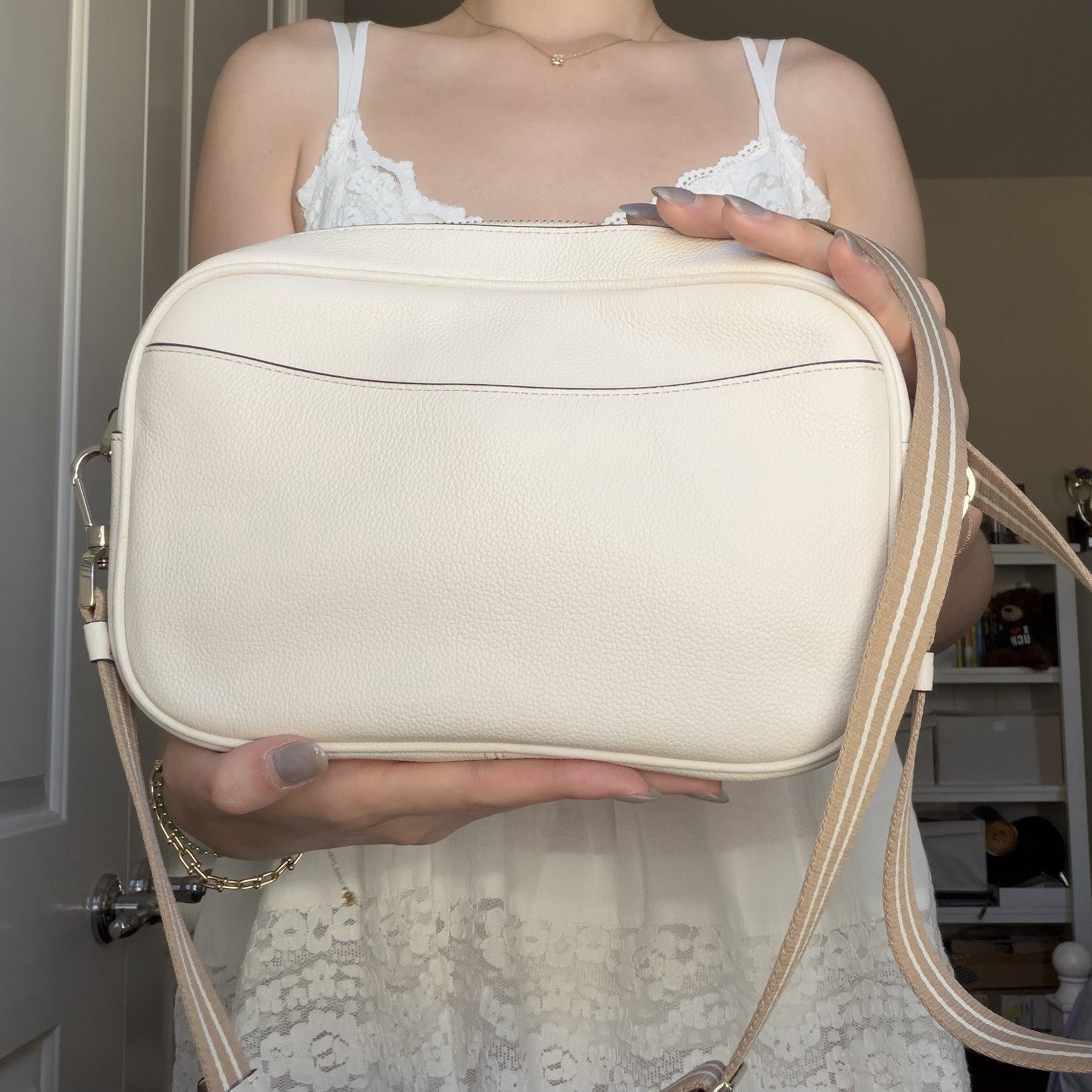 KATE SPADE NEW YORK Ivory Small Pebbled Crossbody Bag w Adjustable Stripe Strap