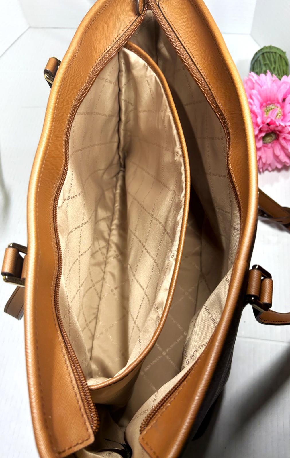 Michael Kors Large Shoulder Tote Brown with Tan Trim Signature Logo