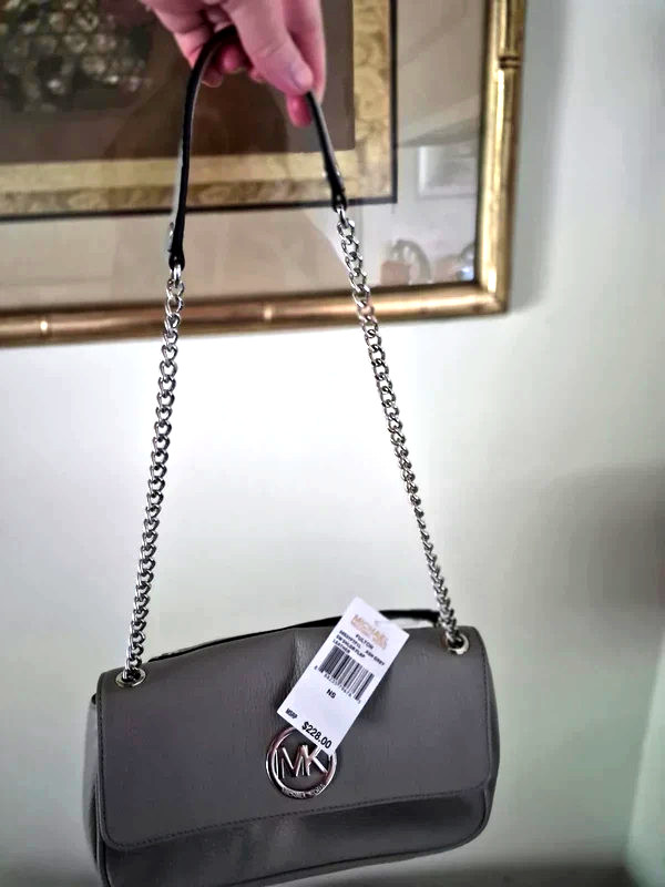 Michael Kors fulton small shoulder flap bag ash grey pebbled leather