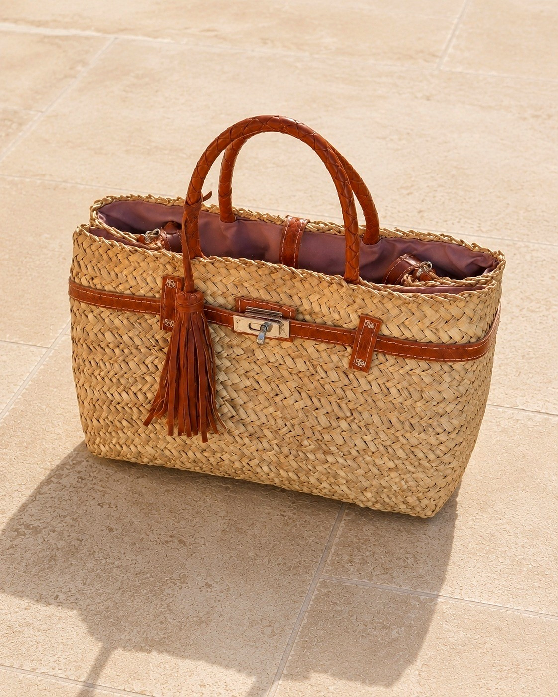 Handwoven Moroccan Straw Tote Bag Leather Handles Boho Beach Market Basket