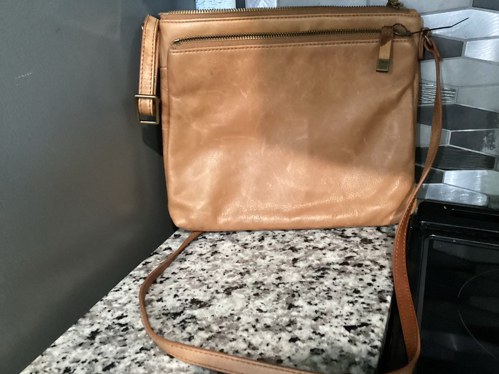 Margot Women’s Tan Solid Crossbody Bag Zip Closure Gold Hardware Medium Straps