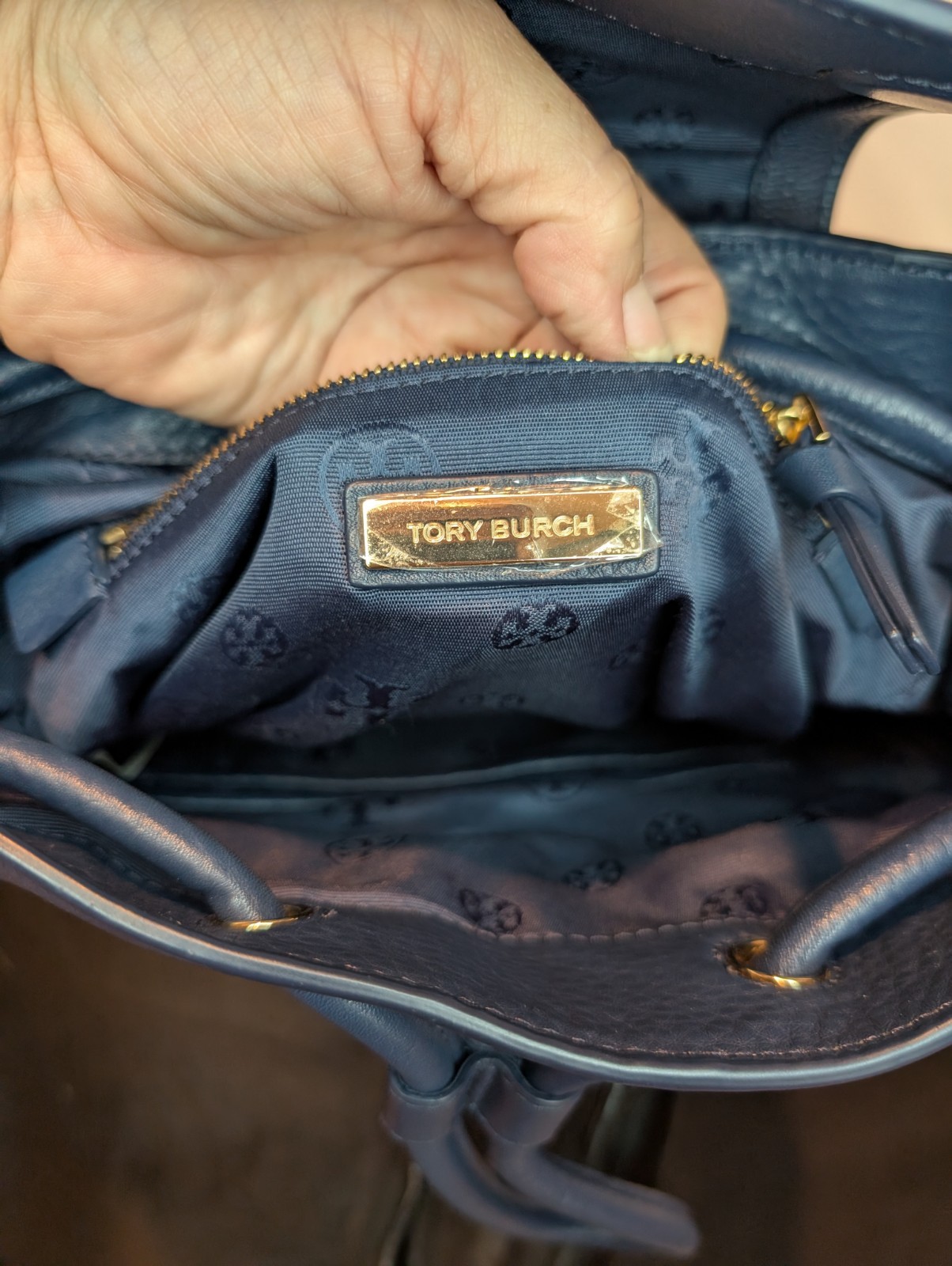 Tory Burch Britten Navy Leather Backpack W/ Gold Tone Logo