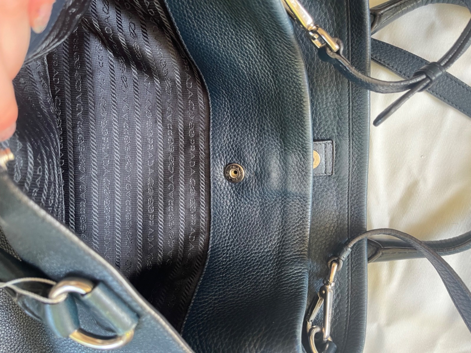 Genuine Prada Vitello Daino blue leather shoulder bag with silver hardware