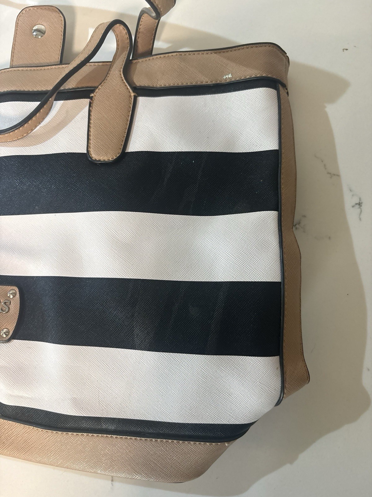 GUESS Black & White Striped Tote Bag, Magnetic Closure, Pockets, Lined, Silver