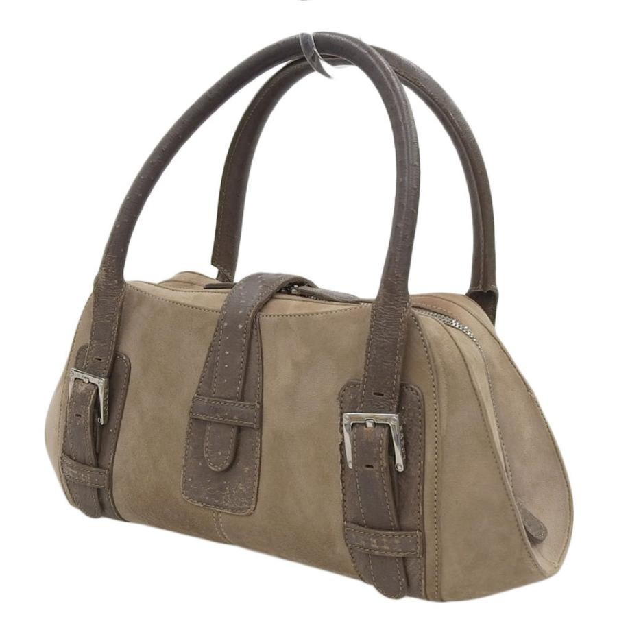 Loewe Senda Suede Ostrich Handbag Brown Beige Drawstring Pouch Auth Spain