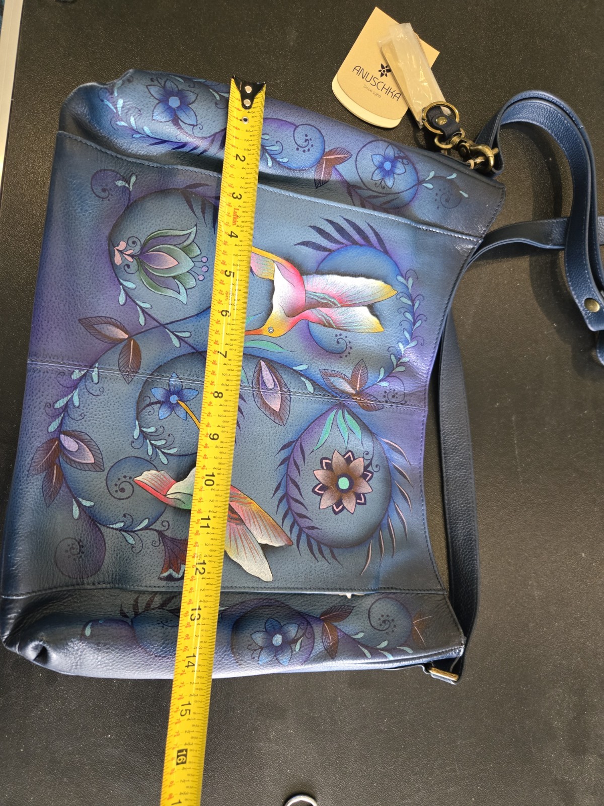 Anuschka Blue Leather Hummingbird & Butteryfly Painted Shoulder / Crossbody Bag