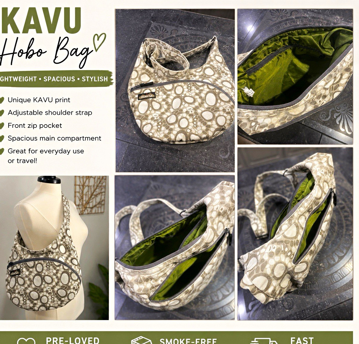 KAVU Hobo Bag Medium Geometric Beige/Gray Adjustable Strap Lined Zip Closure