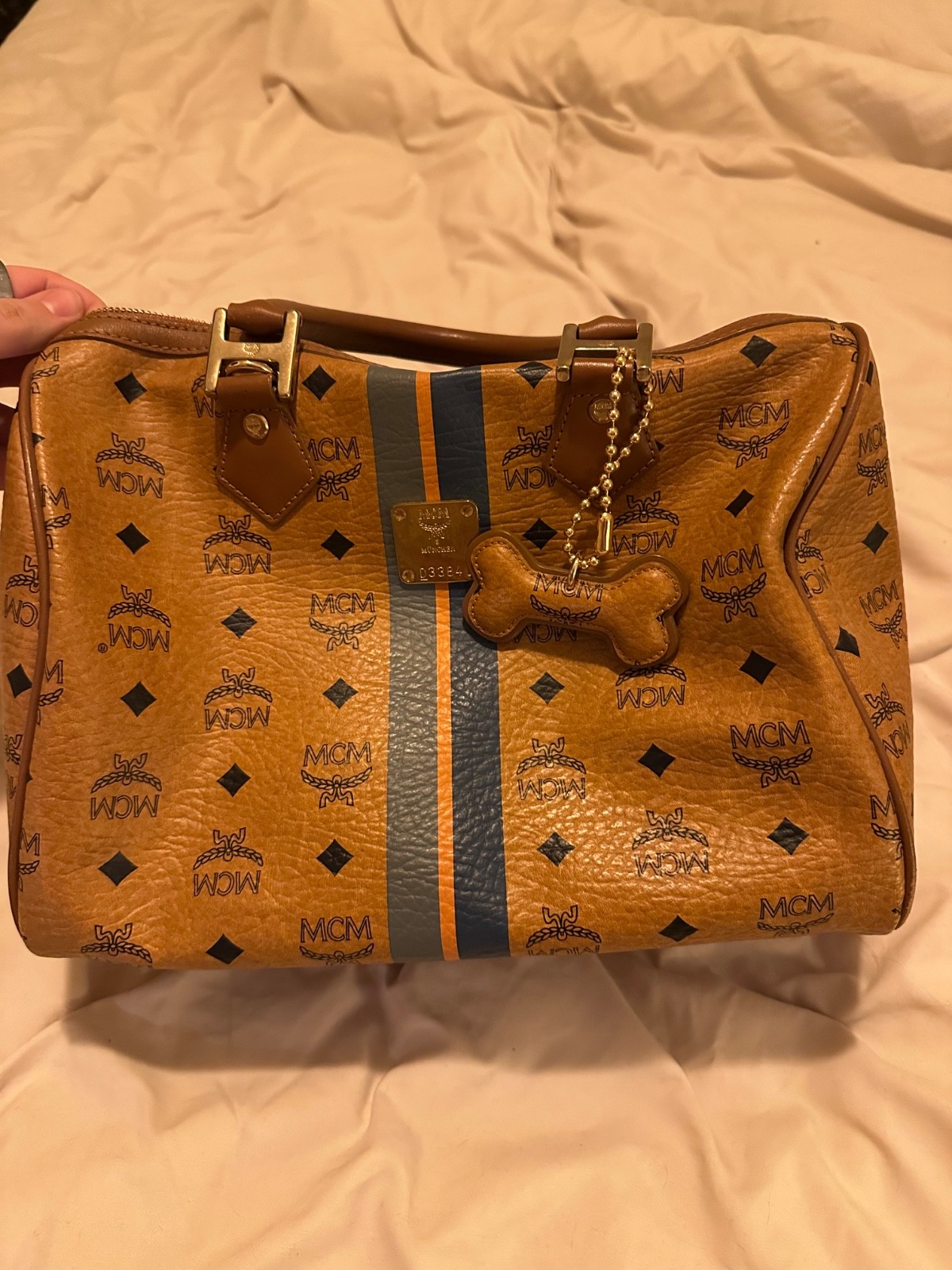 Vintage visetos Boston mcm handbag in cognac with blue and gray stripe