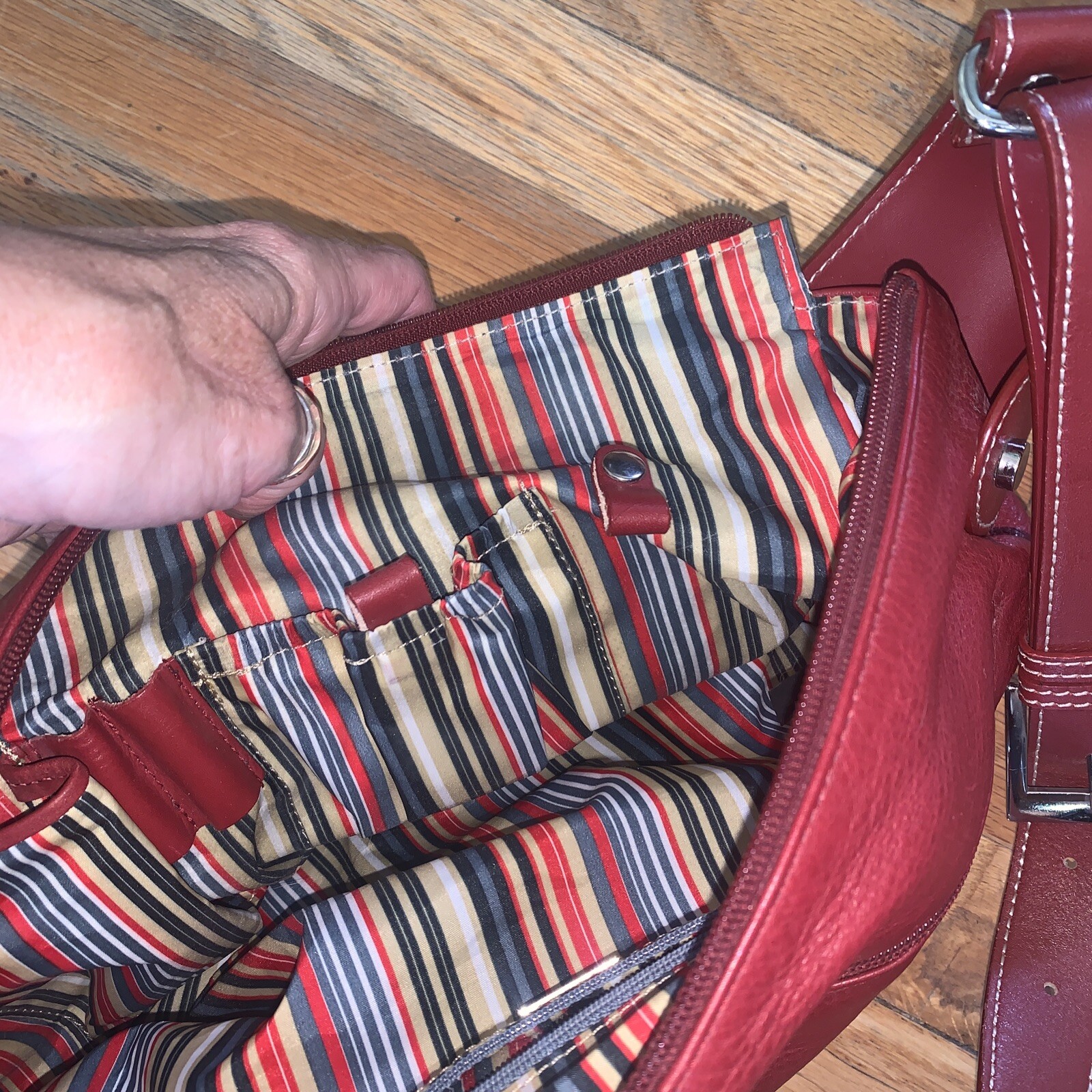 Maxx New York Red Pebble Leather Handbag Striped Lining NWOT