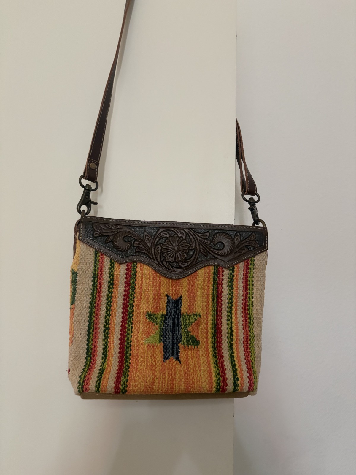 💥Myra Bag Hand-Tooled Leather/Woven Tapestry Southwest CrossbodyShoulder Bag🧡