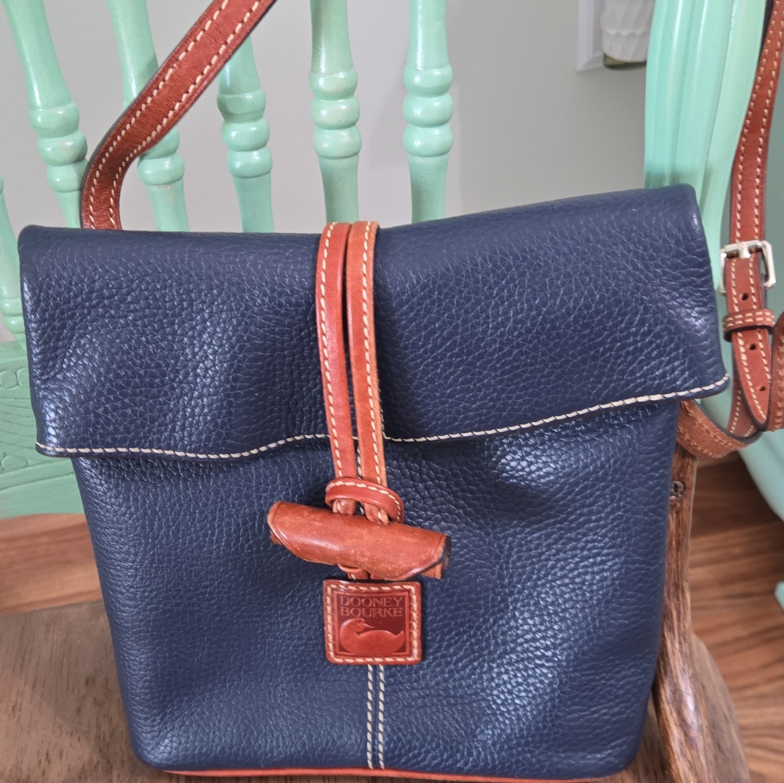 Dooney & Bourke Blue Pebbled Crossbody Drawstring, Outer Pockets, Dust Bag