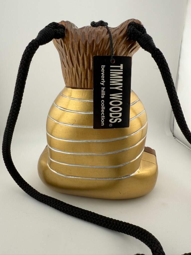 Timmy Woods Acacia Wood Bear Shoulder Bag Purse Gold & White Shirt With Tag