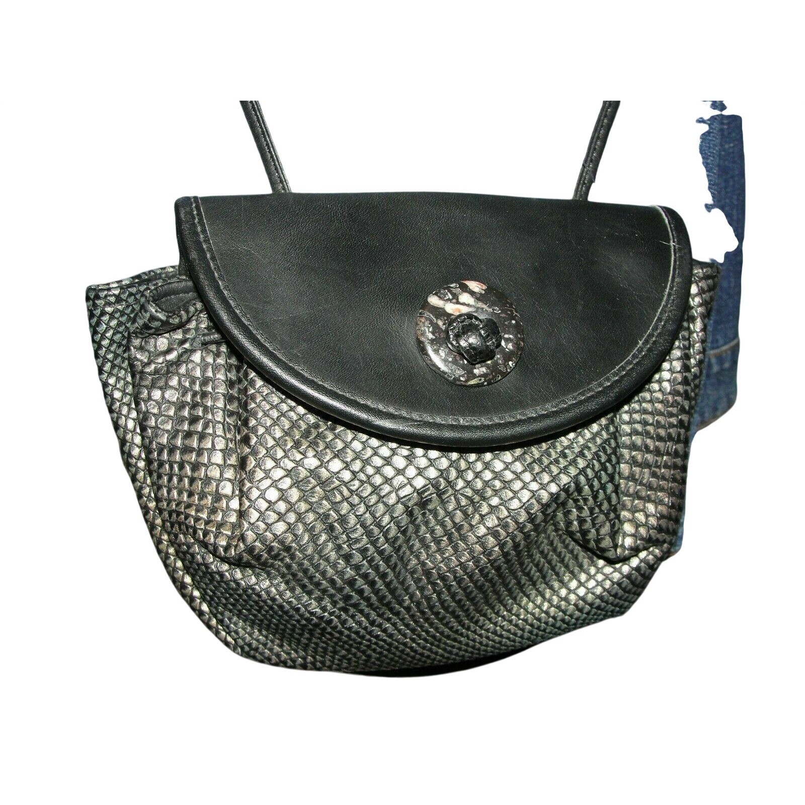 Vintage Mixed Leather Snakeskin Embossed Crossbody Bag Pewter Black Mini Purse