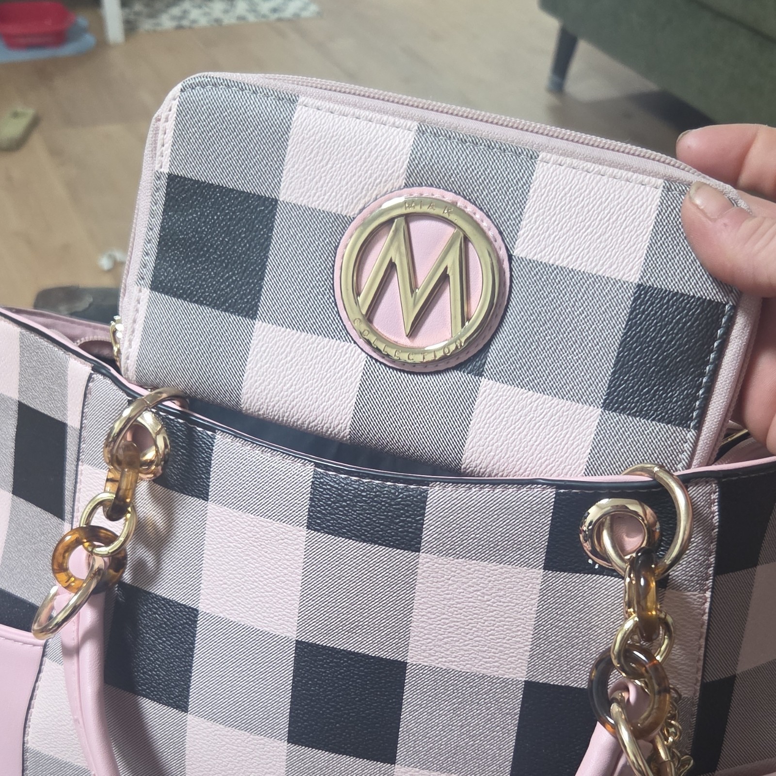 MKF Collection Pink Black White Checkered Zip Tote w/ Strap Charm Wallet Pockets